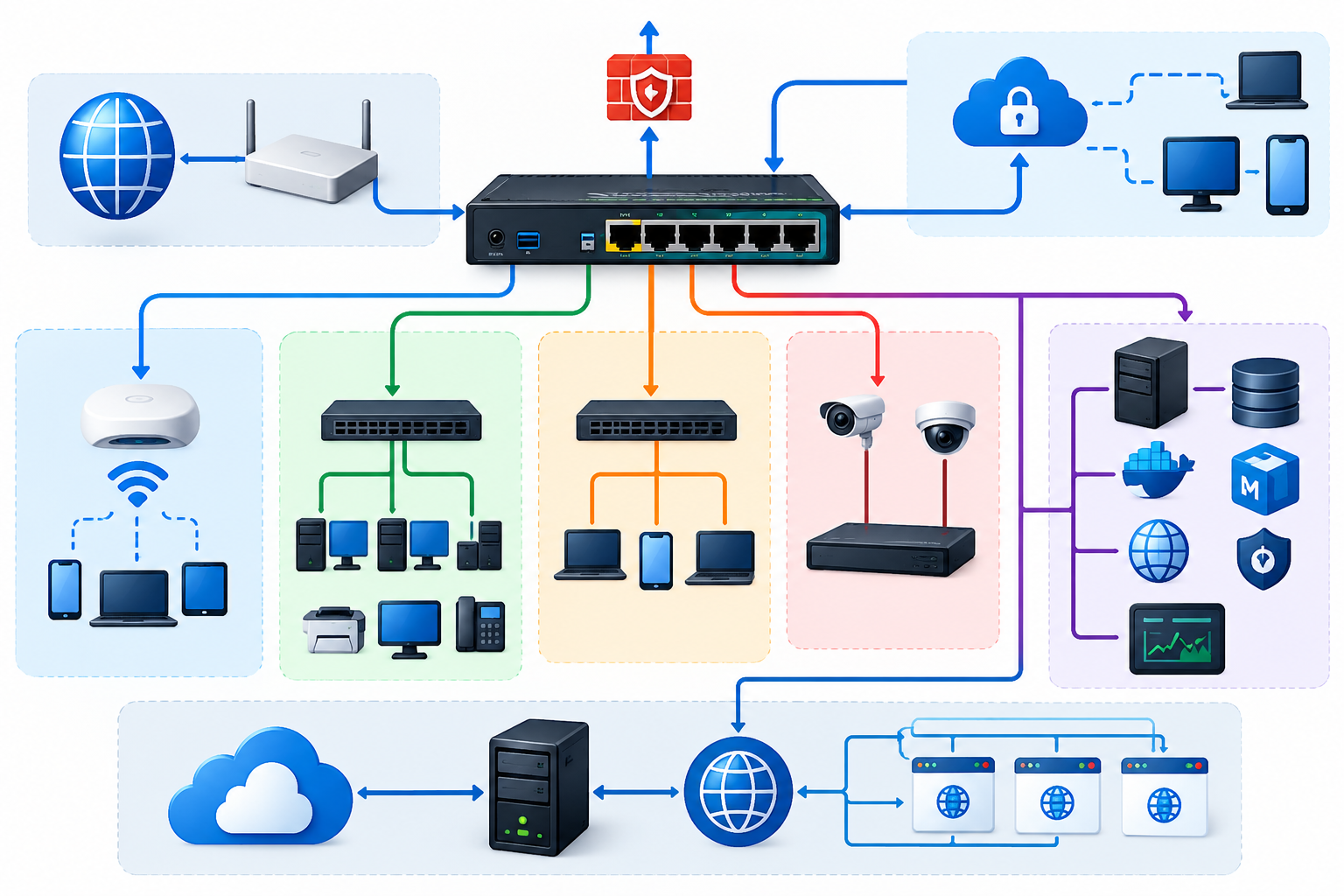 Modern MikroTik RouterOS network infrastructure diagram with Internet, firewall, internal network, hotspot, CCTV, server, cloud, and web services